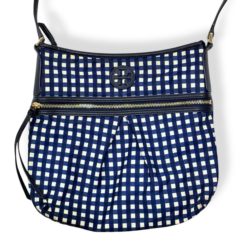 Tory Burch Blue and White Checkered Crossbody Bag
